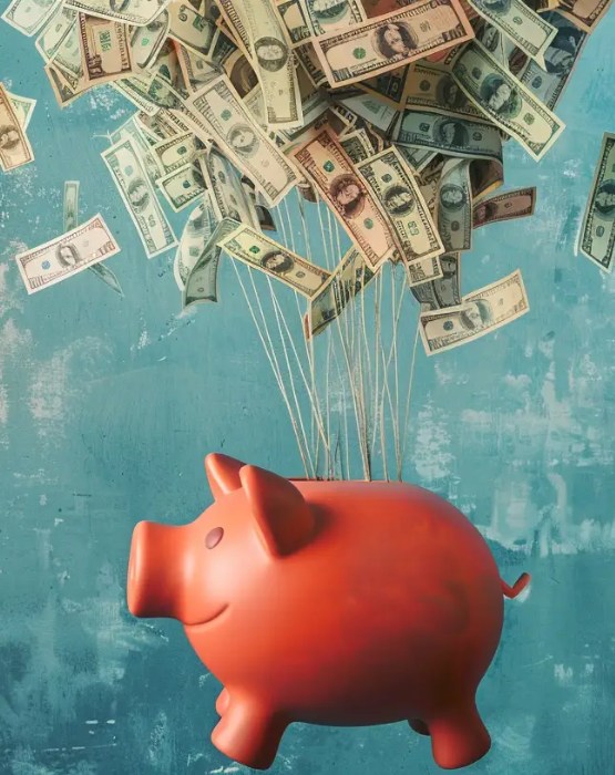 a red piggy bank with dollars coming out