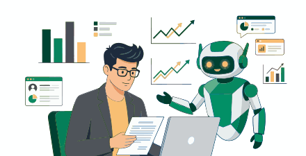 Male financial analyst working with laptop while ai robot assists with data visualization and charts, concept for business automation, digital transformation