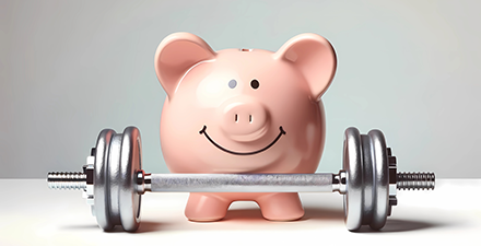 Piggy bank with barbell showcasing financial strength.
