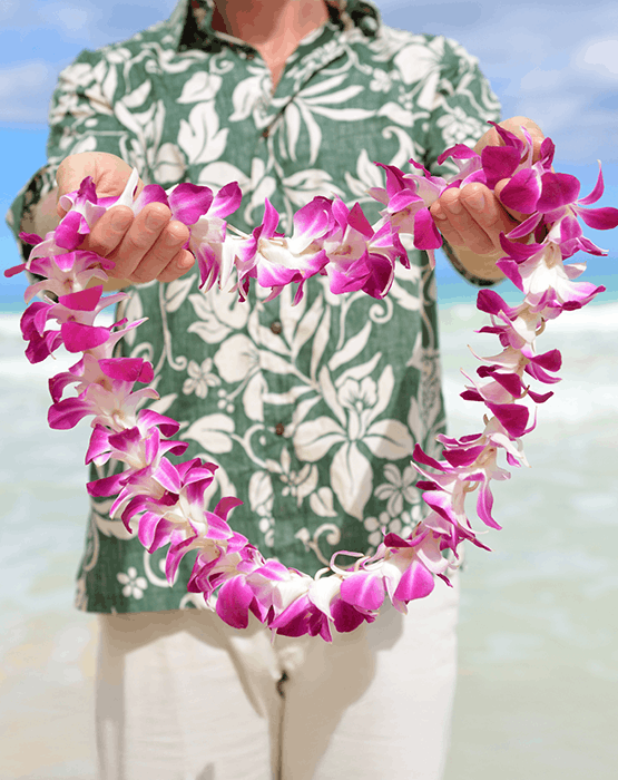 Man offering Lei necklace