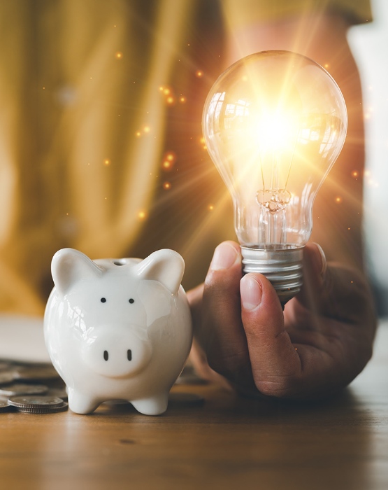 person holding a light bulb next to a piggy bank