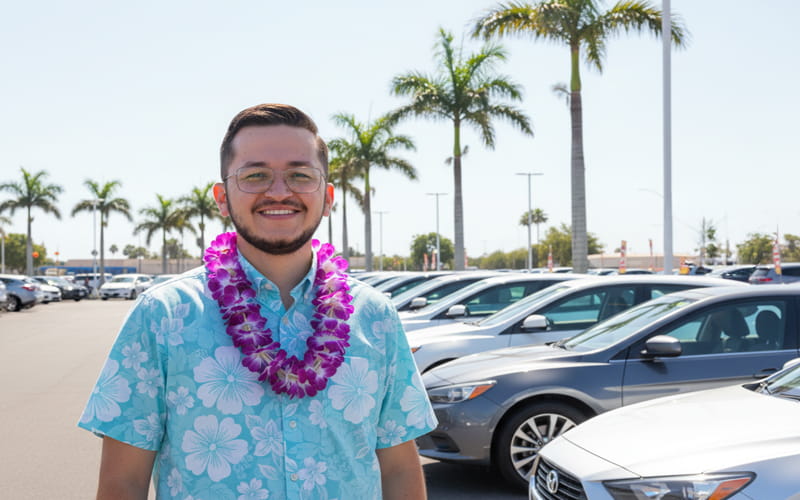 Man smiling in the dealership parking