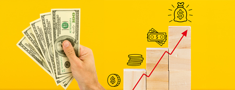 Rising earnings chart made-up of stacked, wood building blocks. A red arrow climbing upward and financial icons on a yellow background convey the increased earnings.