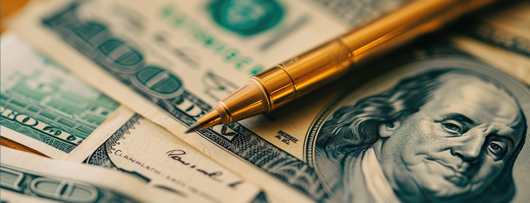 Hundred dollar bills scattered on a table top underneath a fine pen