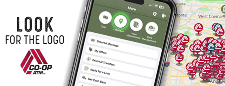 FFCU Mobile App open on a smart phone used to locate the nearest ATM.