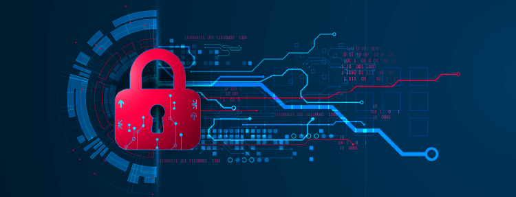 Personal data security illustration - Red lock hoveing over stings of data paths