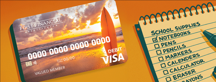 Visa debit card and list of school supplies. Visa debit card and list of school supplies.