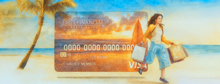 Concept art: woman running on the beach holding shopping bags and Visa debit card floating behind her.