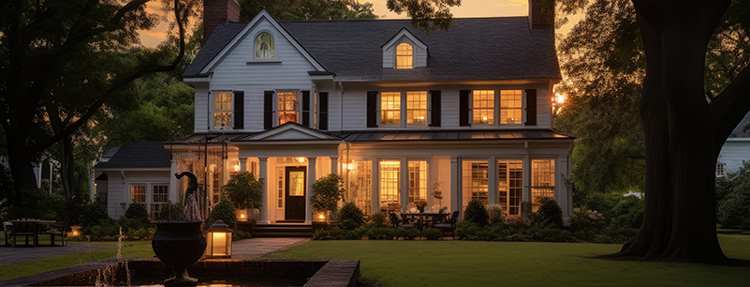 Gorgeous sunset illuminates a stunning house designed in a charming colonial architectural style.