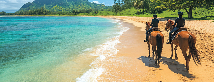 Two people horseback riding on the beach.