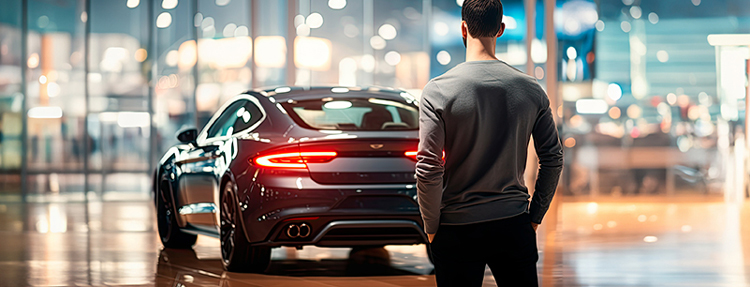 Man looking at new car – back view.