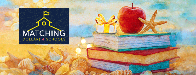 A red apple, starfish and small gift stacked on top of books on the beach.