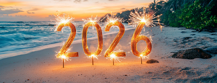 2026 firework sign on the shore.