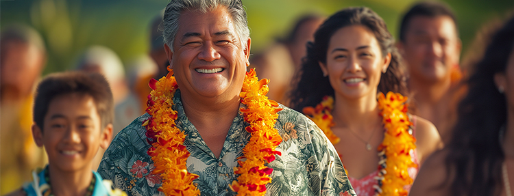 Hawaiian visitors with lei garlands around their necks.
