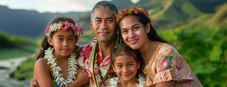 A family of four, the parents, a girl and a boy, are posing for a picture.