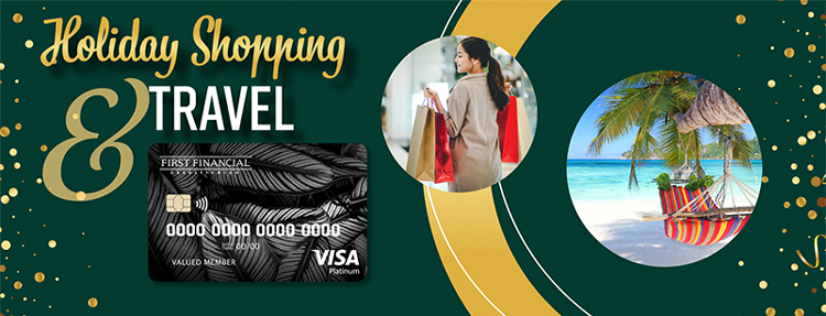 Platinum Visa Credit card holiday shopping and travel concept; rear view of young woman holding bags while shopping at the mall and a beachside view of a colorful hammock hanging from a palm tree.
